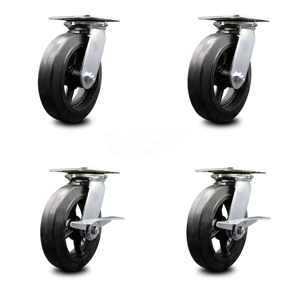 Service Caster 8 Inch Rubber on Steel Swivel Caster Set with Roller Bearings 2 Brakes SCC SCC-35S820-RSR-2-SLB-2 - main